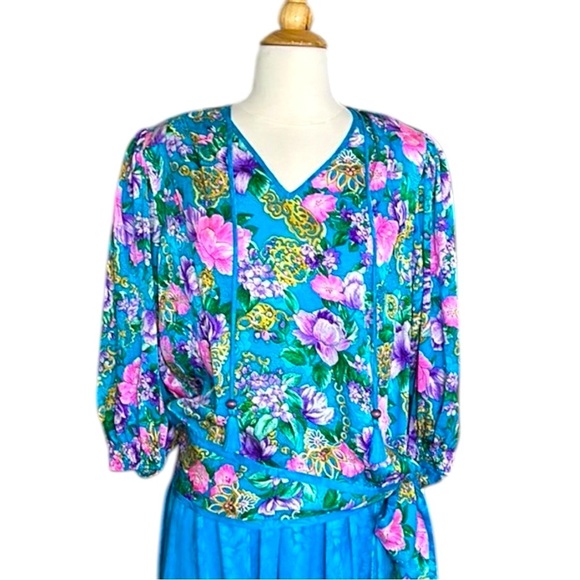 DIANE FREIS Vintage 80s Silk Jacquard Skirt Blouse Set 2 Piece Floral Bohemian - Picture 4 of 17